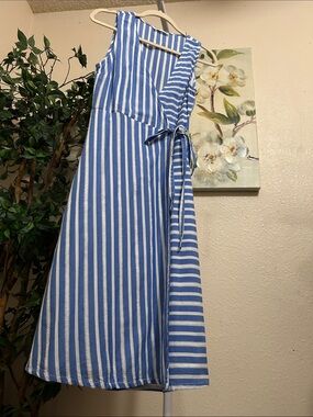 Mango Blue and White Striped Midi Wrap Dress